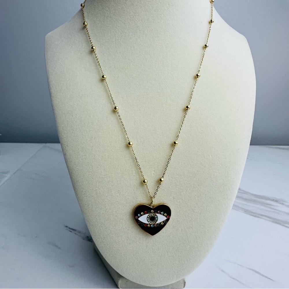 Gold Plated Stainless Steel Beaded Ball Necklace Evil Eye Heart Enamel Pendant